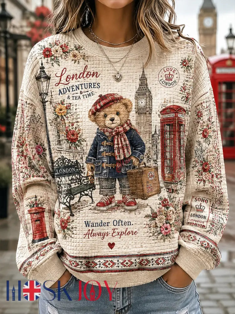 Women’s Waffle-Knit Sweatshirt With Cute Teddy Bear Print - A / S