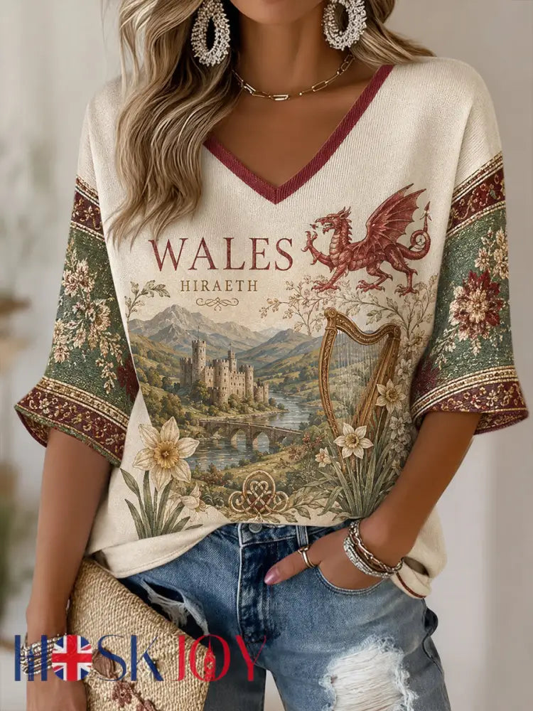 Women’s Wales Welsh Rugby Lover Pattern Linen V-Neck Shirt - A / S