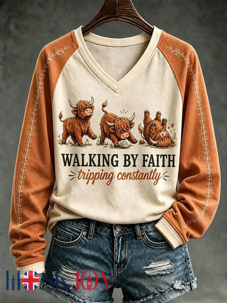 Women’s Walking By Faith Tripping Constantly Long-sleeved T-shirt - Apricot / S