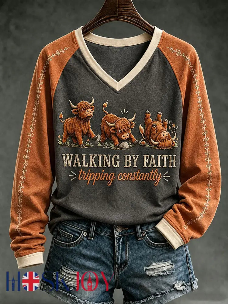 Women’s Walking By Faith Tripping Constantly Long-sleeved T-shirt - Dark Gray / S