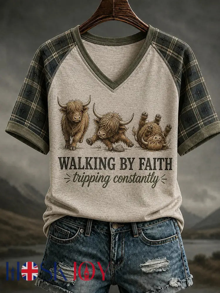 Women’s Walking By Faith Tripping Constantly V-neck Off-shoulder Short-sleeved T-shirt - Light Gray / S