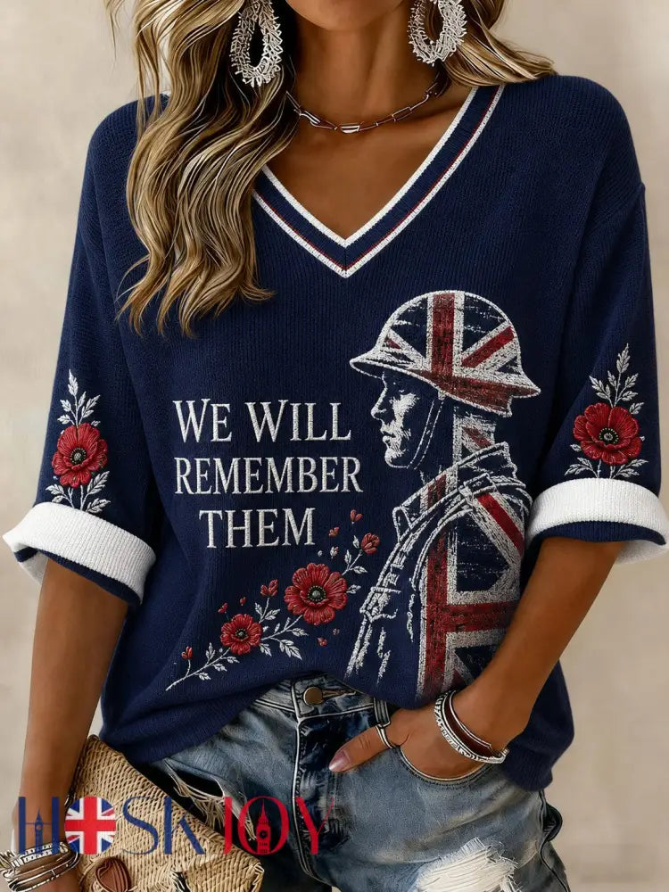 Women’s WE WILL REMEMBER THEM Printed Mid-length Sleeves V-neck T-shirt - Navy Blue / S
