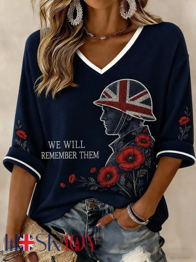 Women’s WE WILL REMEMBER THEM Printed Mid-length Sleeves V-neck T-shirt - Navy Blue / S