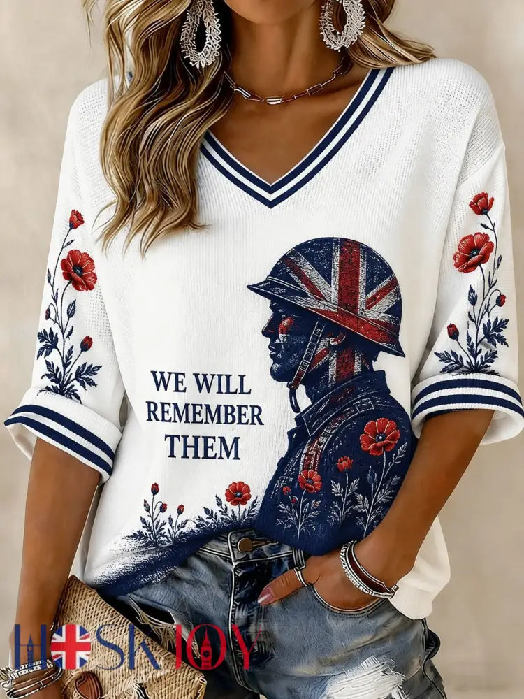 Women’s WE WILL REMEMBER THEM Printed Mid-length Sleeves V-neck T-shirt - White / S
