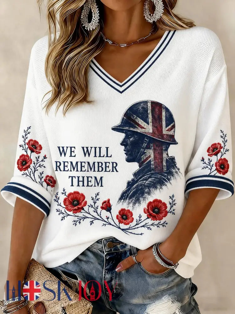 Women’s WE WILL REMEMBER THEM Printed Mid-length Sleeves V-neck T-shirt - White / S