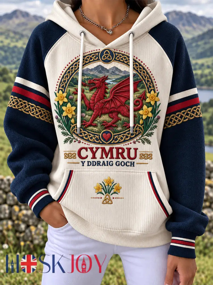 Women’s Welsh Cultural Element Art Print Hooded Sweatshirt - White / S