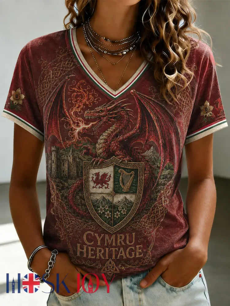 Women’s Welsh Dragon Celtic Heritage Printed V-neck T-shirt - As picture / S