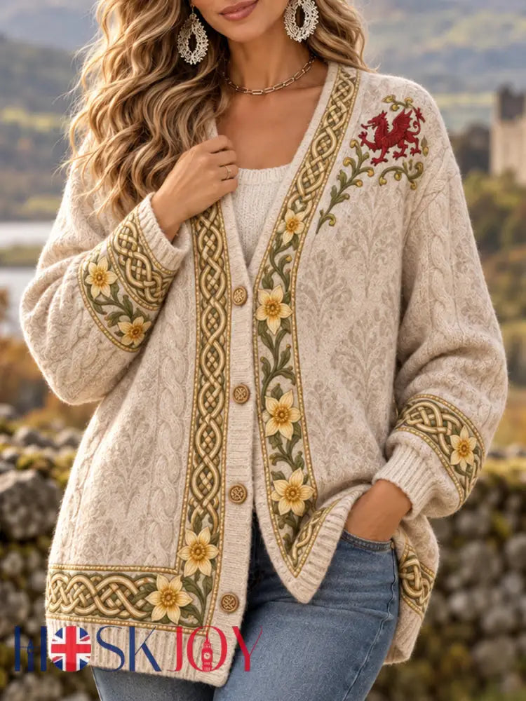 Women’s Welsh Dragon Printed Cardigan - Khaki / S