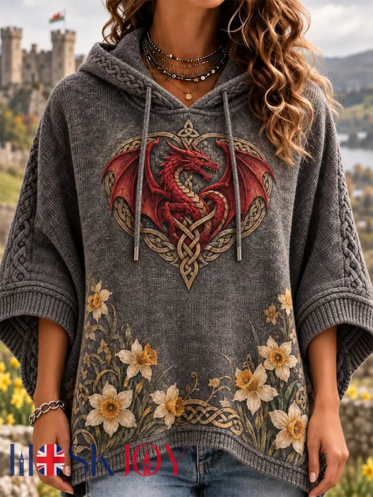 Women’s Welsh Dragon Printed Hoodie - Gray / S