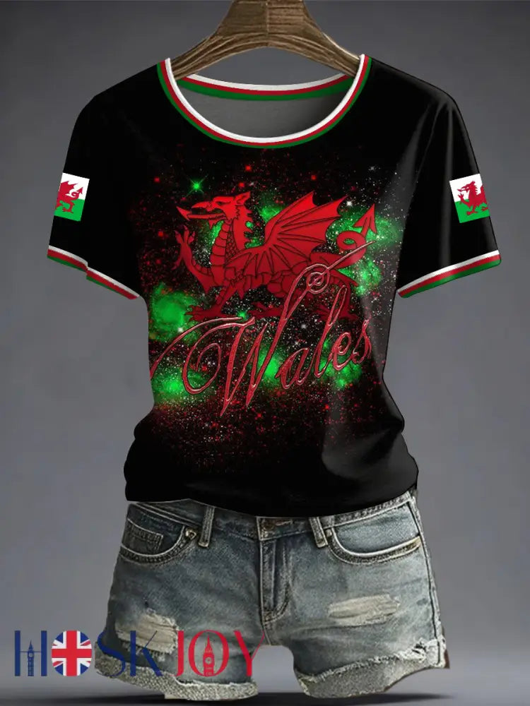 Women’s Welsh Dragon Printed T-shirt - Black / S