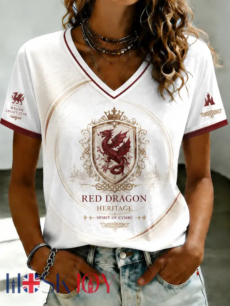 Women’s Welsh Dragon Printed V-neck T-shirt - As picture / S