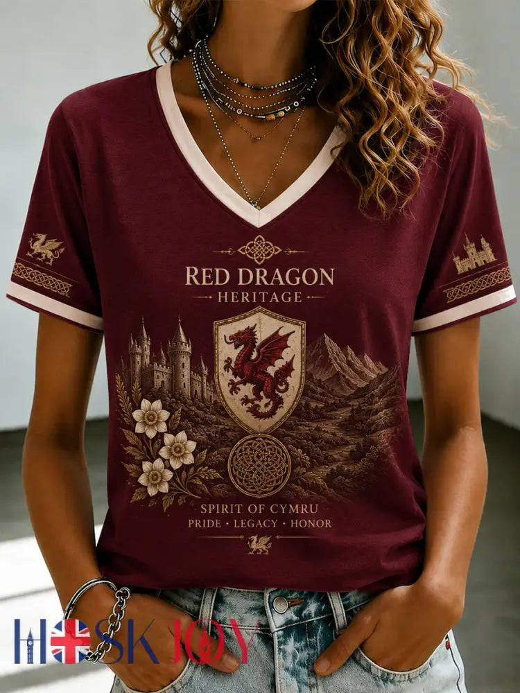 Women’s Welsh Dragon Printed V-neck T-shirt - As picture / S