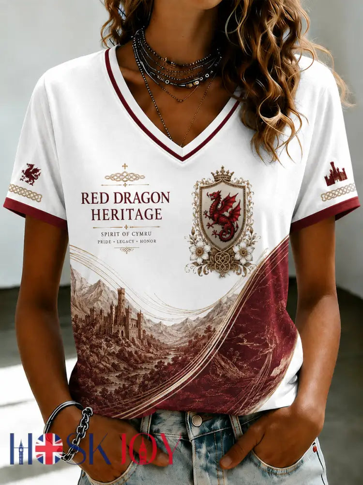Women’s Welsh Dragon Printed V-neck T-shirt - As picture / S