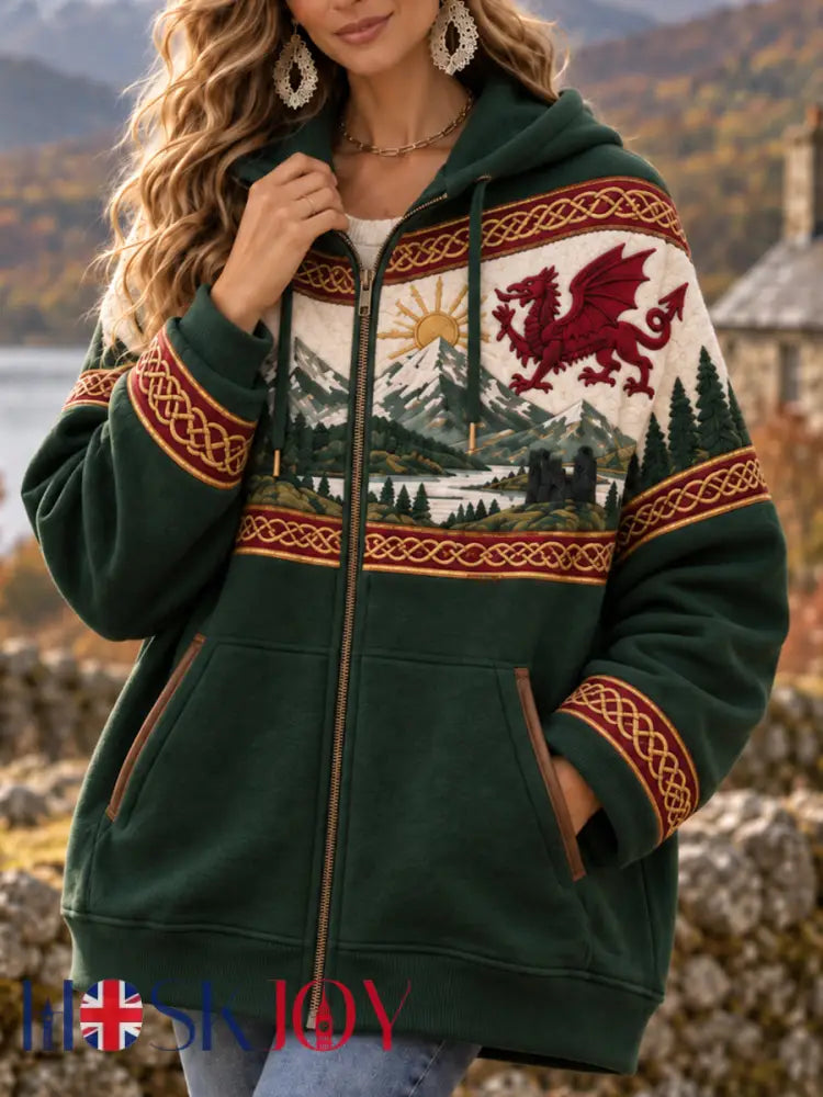 Women’s Welsh Dragon Printed Zipper Hoodie - Dark Green / S