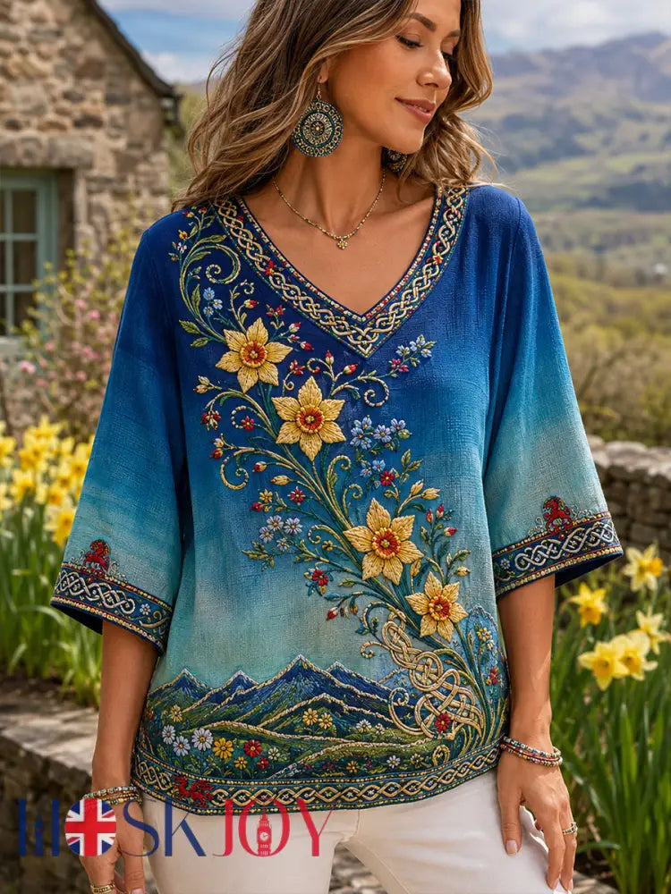 Women’s Welsh-Inspired Art Print V-Neck Top - A / S