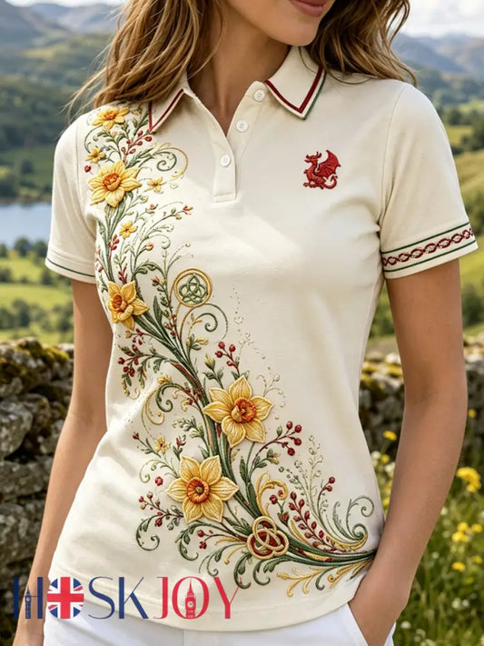 Women’s Welsh-Inspired Casual Polo Shirt With Art Print - A / S