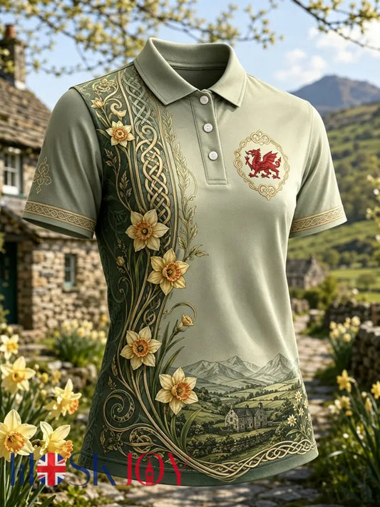 Women’s Welsh Red Dragon Cultural Elements Art Print Polo - A / S