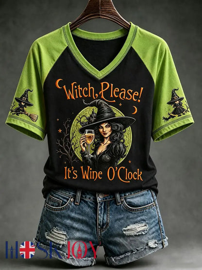 Women’s Witch Please! It’s Wine O’Clock V-neckT-shirt - Green / S