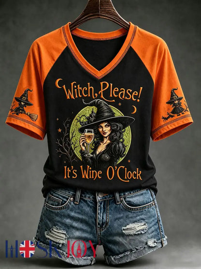 Women’s Witch Please! It’s Wine O’Clock V-neckT-shirt - Orange / S