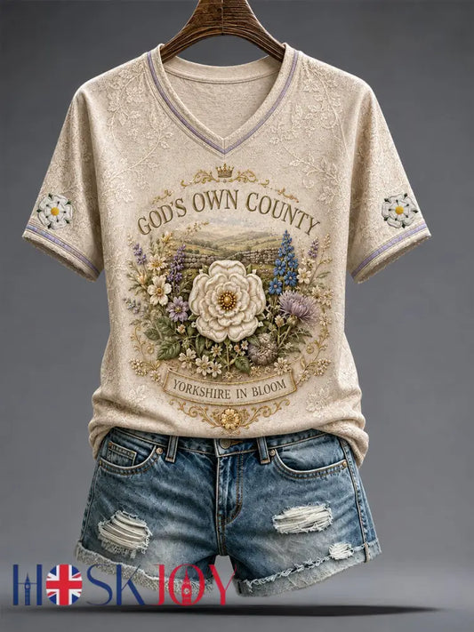 Women’s Yorkshire Day White Roses Art Printed T-shirt - Apricot / S