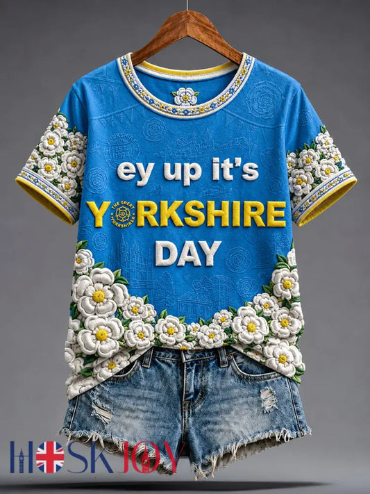 Women’s Yorkshire Day White Roses Art Printed T-shirt - Blue / S