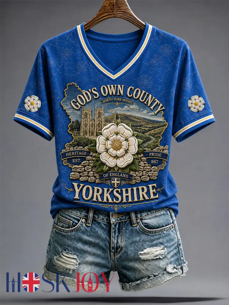 Women’s Yorkshire Day White Roses Art Printed T-shirt - Blue / S
